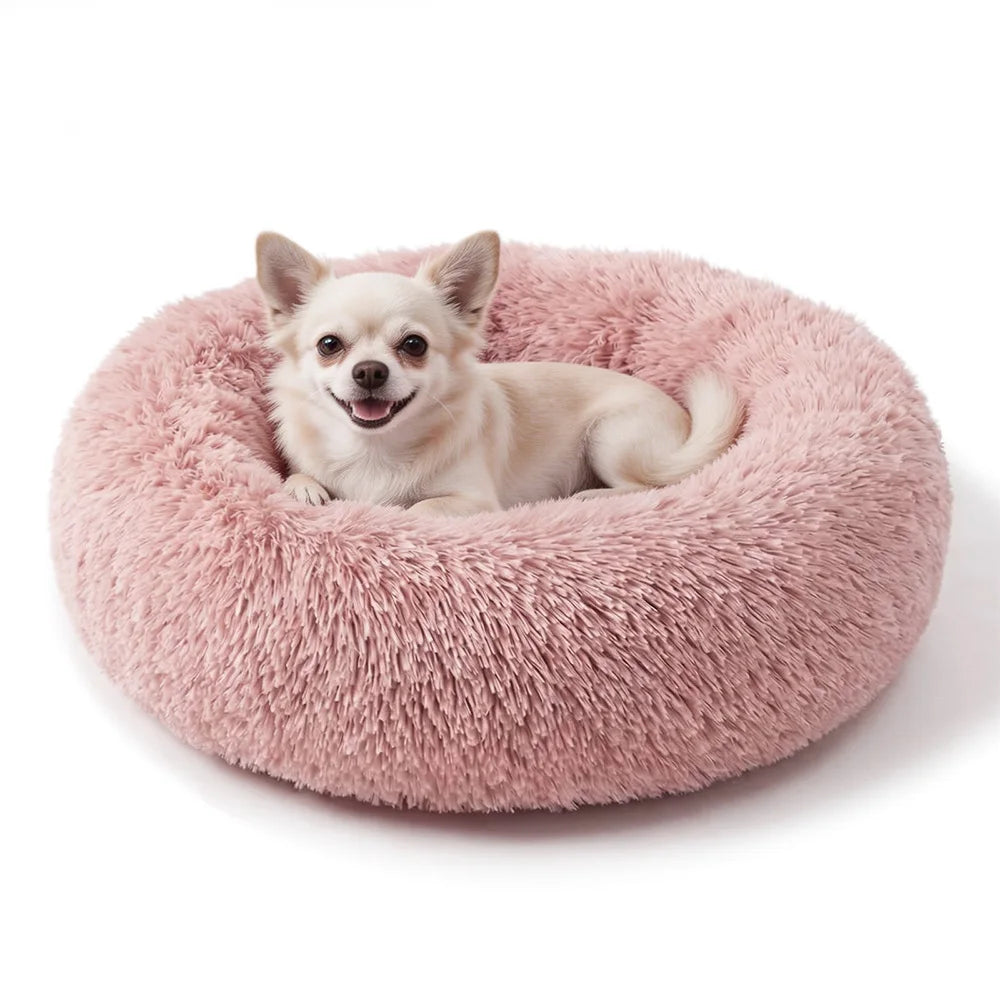 Lit donut rond en fausse fourrure lavable pour petits et moyens chiens et chats — sommeil apaisant