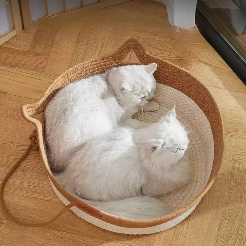 Lit rond en rotin tressé pour chat — rafraîchissant et résistant pour l'été