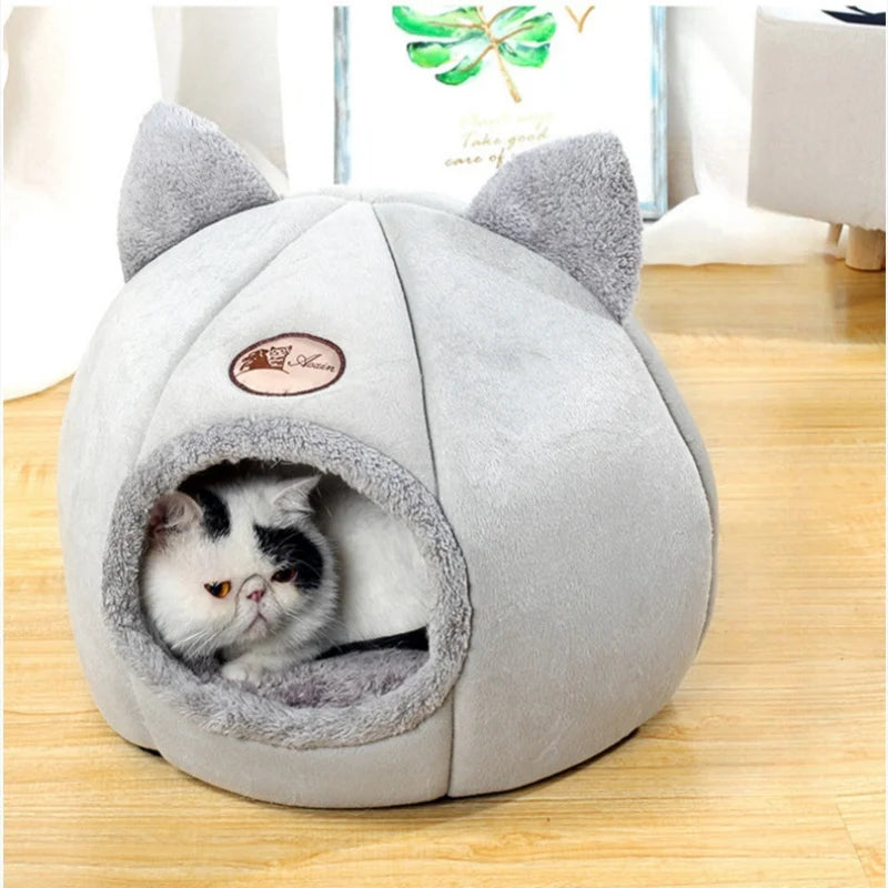 Lit grotte tête de chat avec coussin amovible — tente cosy et chaude pour chat