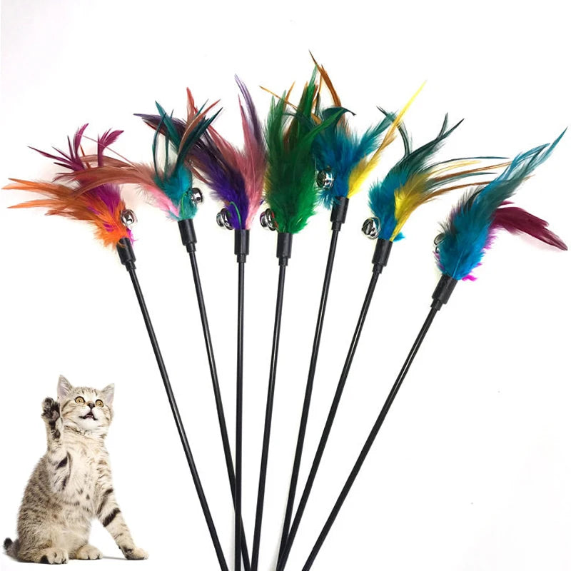 5PCS Cat Wand Toy Feather Stick Cat Toys, Interactive Cat Toy Feathers Wand for Indoor Cats