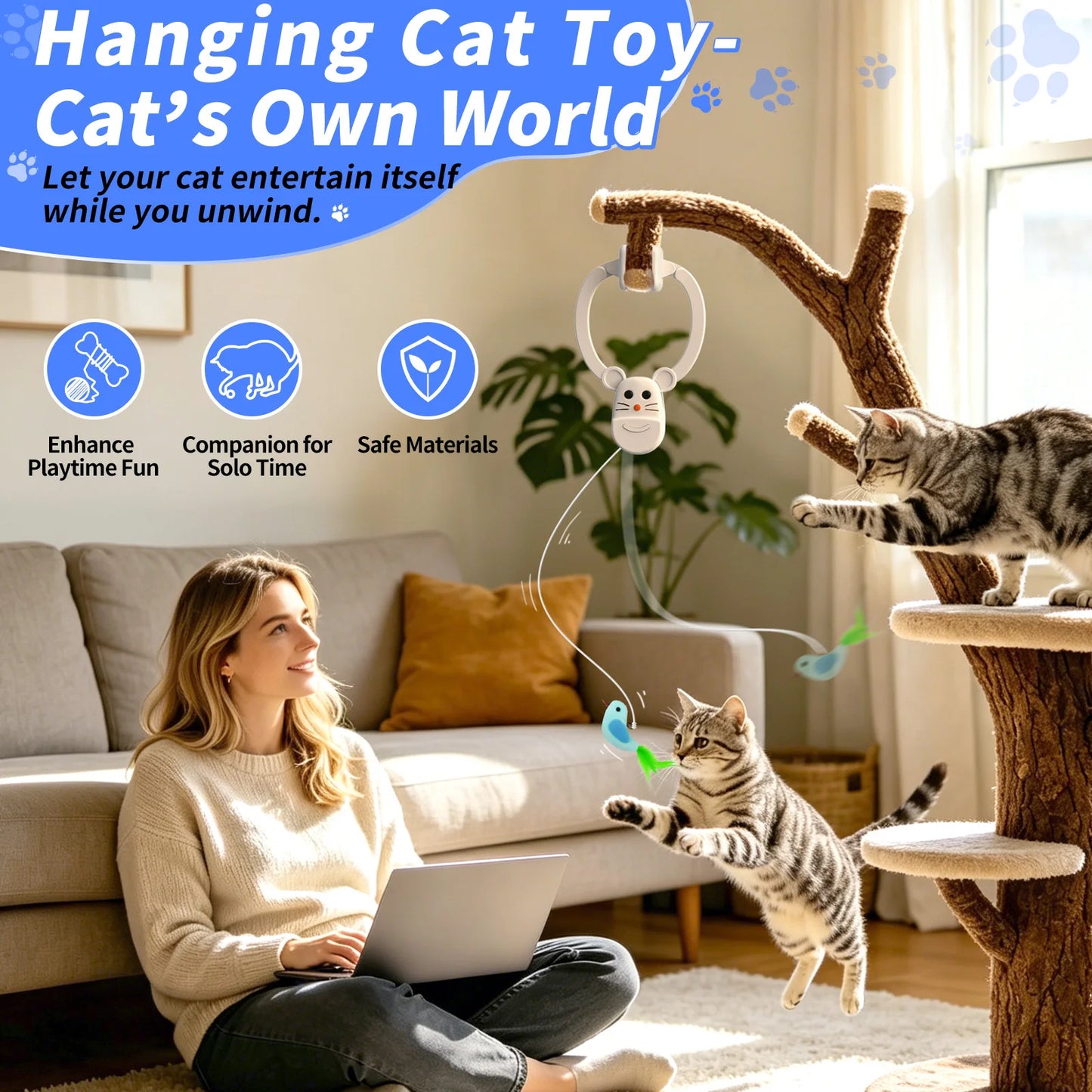 Interactive Cat Toys for Indoor Cats, Rechargeable Durable Safe Hanging Cat Toy for Bored Kittens & Adult Cats