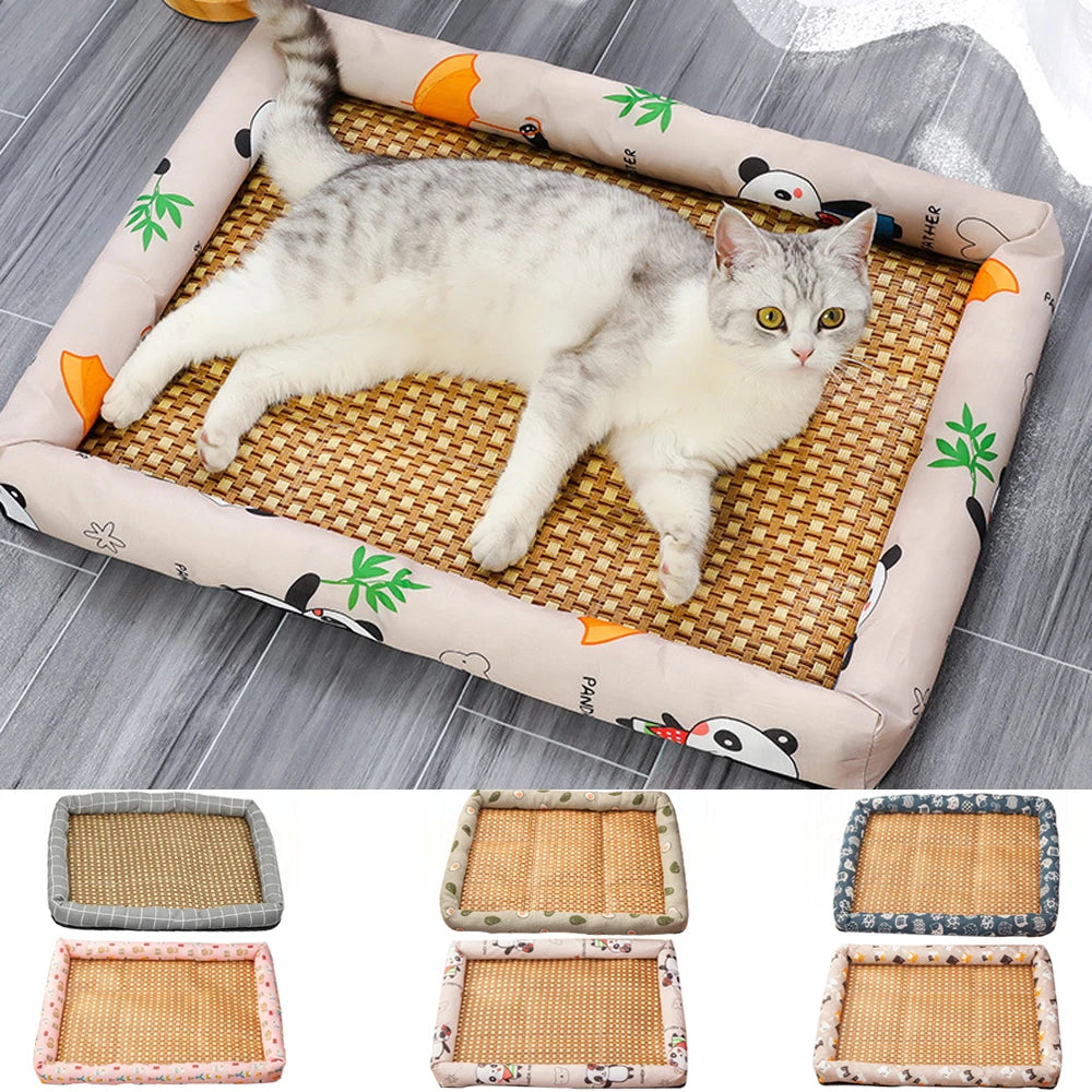 Tapis en rotin rafraîchissant pour chat et petit chien — coussin été antidérapant