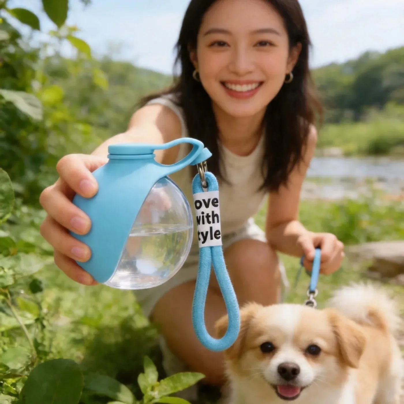 Gourde 2 en 1 portable pour chien avec bol pliable intégré — promenades, randonnées et voyages