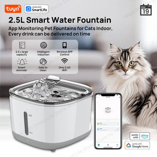 Cat Water Fountain, 2.5L/84oz Tuya Smart App Pet Water Fountain, Automatic Water Dispenser for Indoor Cats with SUS304 Bowl
