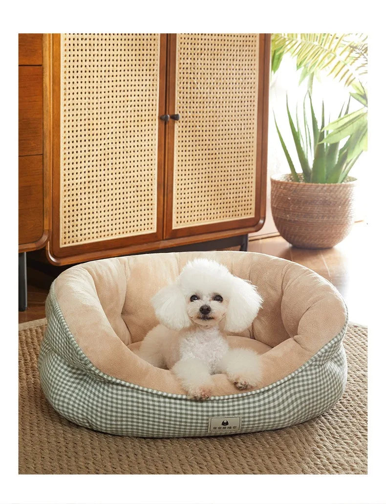 Lit canapé rond en peluche apaisant pour petits et moyens chiens et chats — hiver