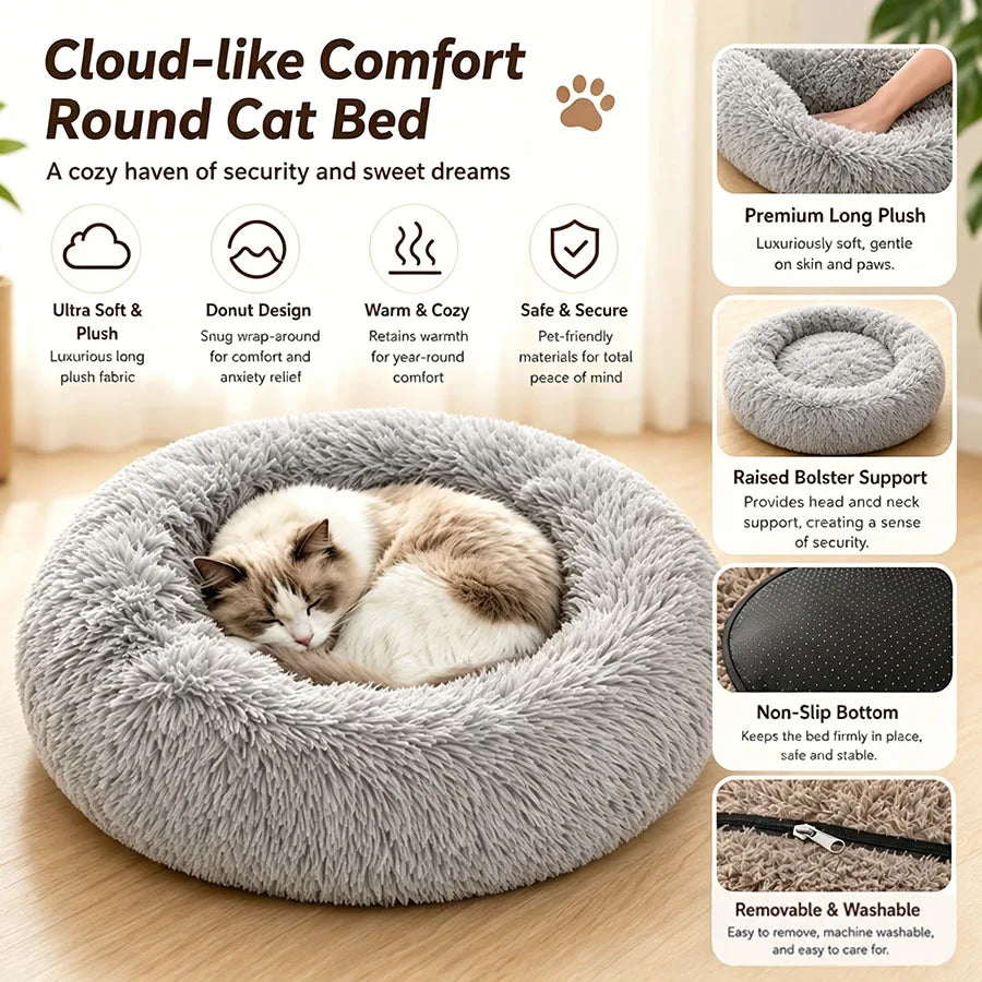 Soft Pet Cat Bed Pad Plush Warm Faux Fur Dog Calm Bed Donut Round Bed Comfortable Sleeping Washable for Small Medium Dog and Cat
