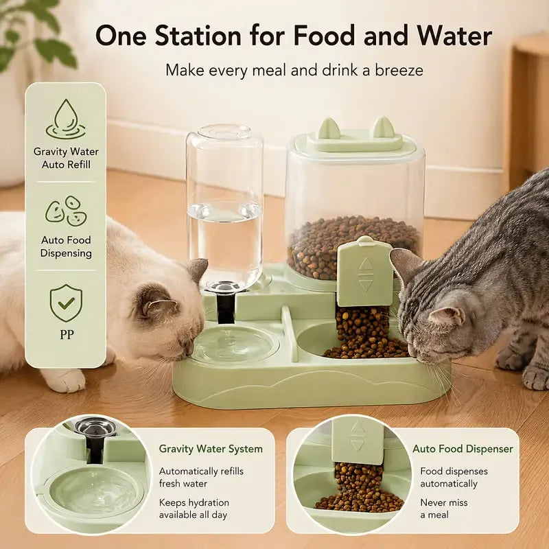 2-in-1 Automatic Pet Feeder and Water Dispenser, Gravity-Fed Food and Water Bowl Set, 2-in-1 Feeding Station with Dual Bowls, Suitable for Cats and Small Dogs, Ideal for Home Use, Long Trips, and Daily Care