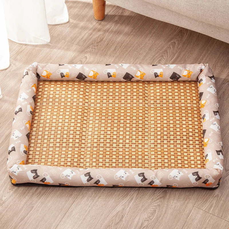 Tapis en rotin rafraîchissant pour chat et petit chien — coussin été antidérapant
