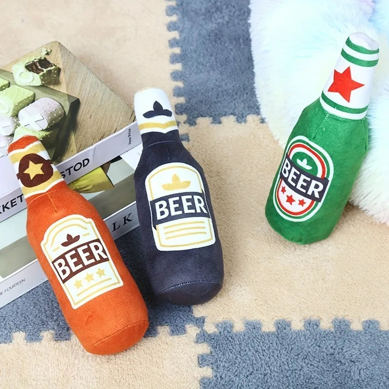 1Pc Realistic Beer Bottle Shaped Squeaky Dog Toy Durable Chewable Interactive Sound for Teething Puppies Adult Dogs Outdoor Play