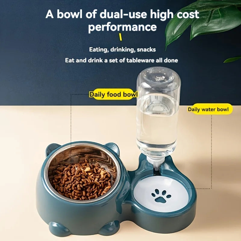 Distributeur automatique nourriture et eau intégré sans pile — embouchure inclinée pour chats et chiens