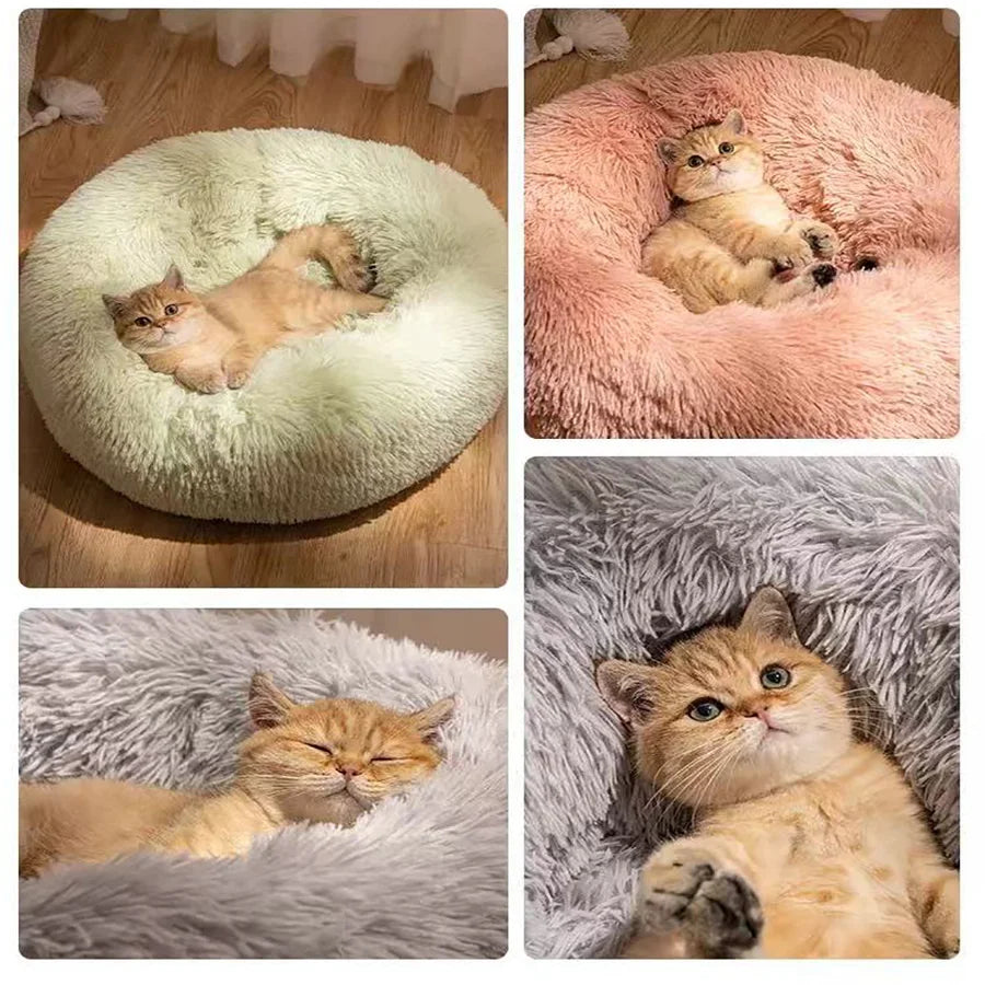 Soft Pet Cat Bed Pad Plush Warm Faux Fur Dog Calm Bed Donut Round Bed Comfortable Sleeping Washable for Small Medium Dog and Cat