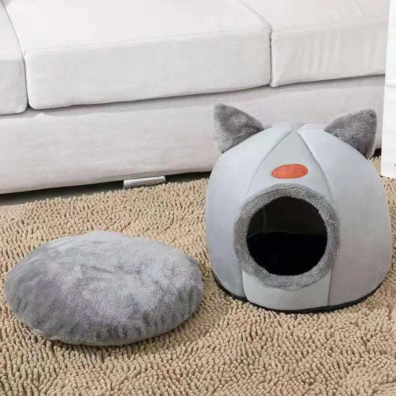 Lit grotte tête de chat avec coussin amovible — tente cosy et chaude pour chat