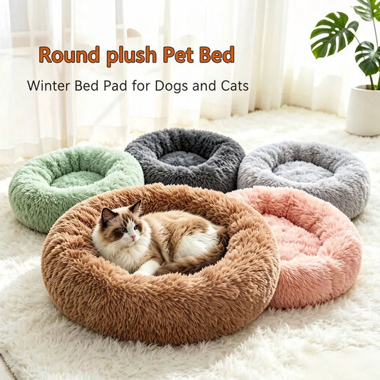 Lit donut rond en fausse fourrure lavable pour petits et moyens chiens et chats — sommeil confortable