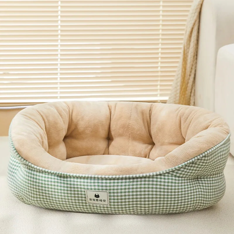 Lit canapé rond en peluche apaisant pour petits et moyens chiens et chats — hiver