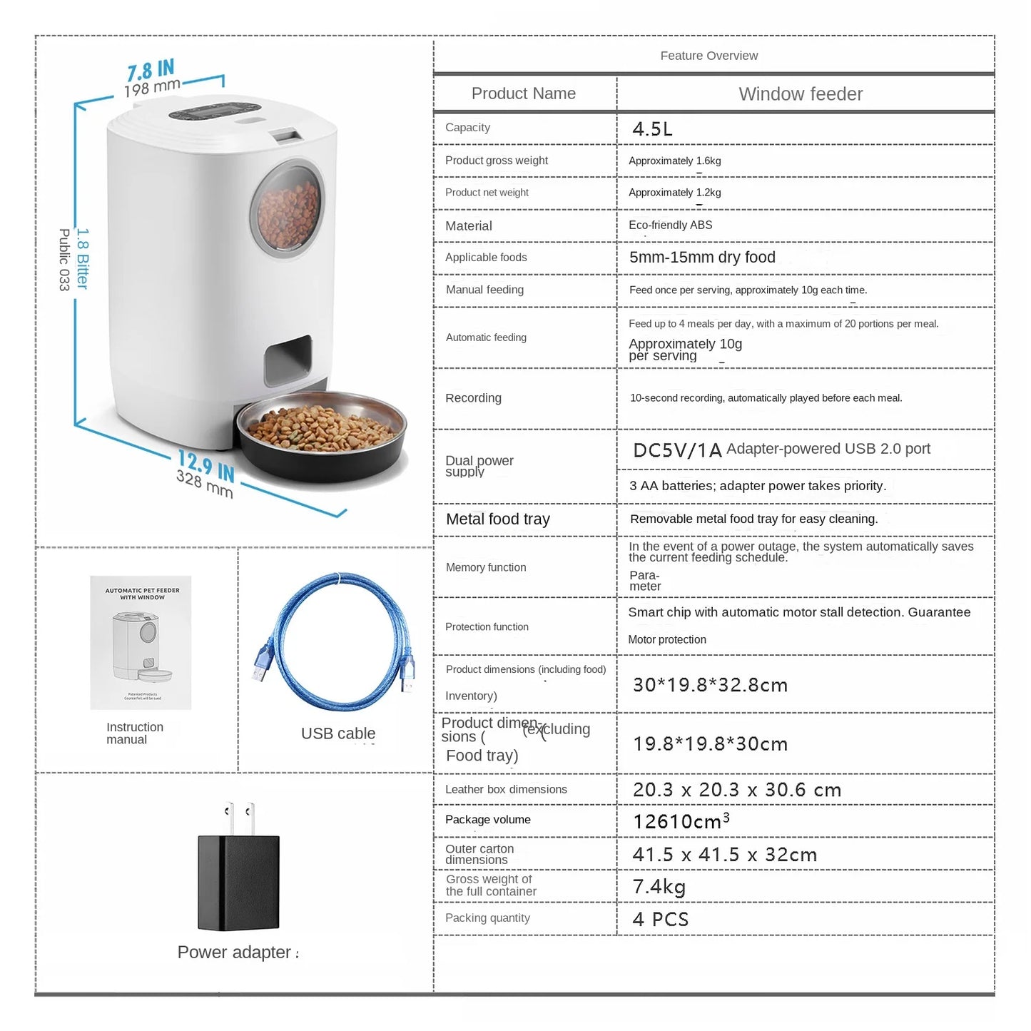 Distributeur intelligent grande capacité avec minuterie, portions programmées et enregistreur vocal