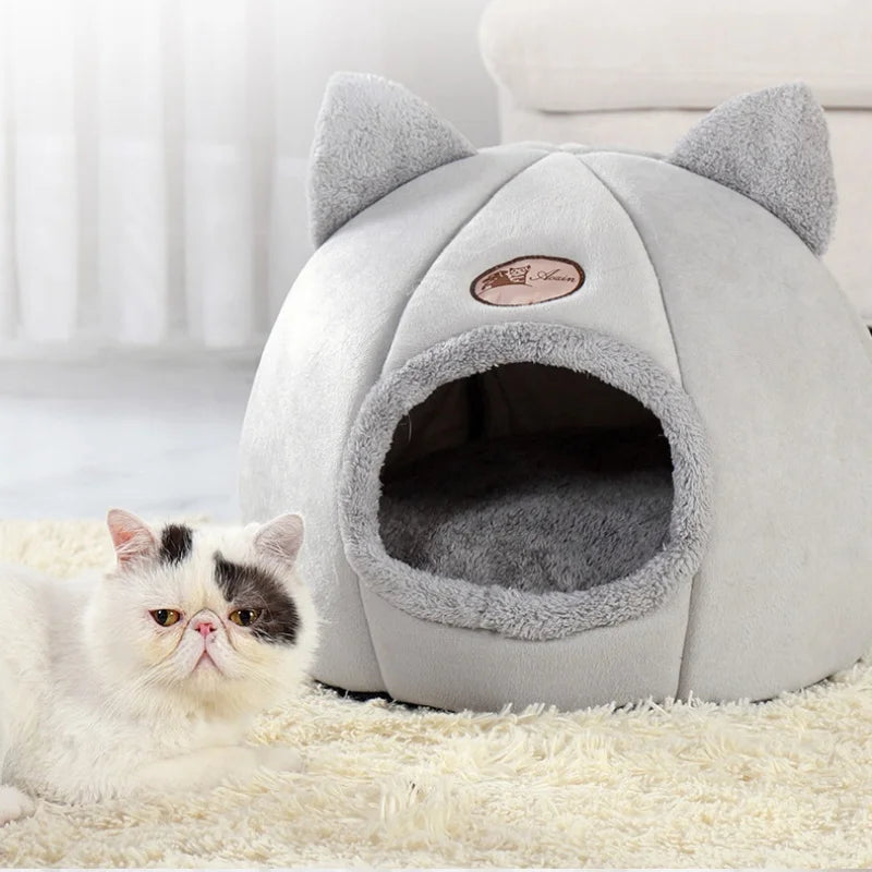 Lit grotte tête de chat avec coussin amovible — tente cosy et chaude pour chat