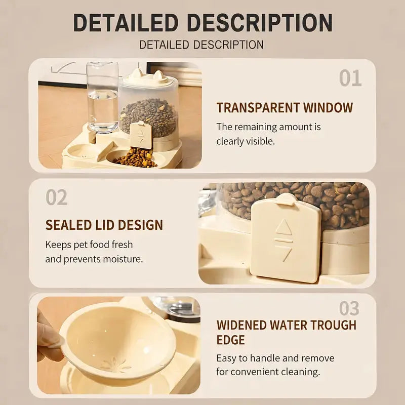 2-in-1 Automatic Pet Feeder and Water Dispenser, Gravity-Fed Food and Water Bowl Set, 2-in-1 Feeding Station with Dual Bowls, Suitable for Cats and Small Dogs, Ideal for Home Use, Long Trips, and Daily Care