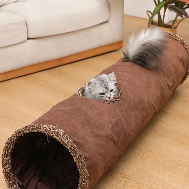 Cat Tunnel Foldable Large Brown Suede Interactive Pet Toy With Peepholes Bubble Ball Indoor Outdoor Collapsible Hot New
