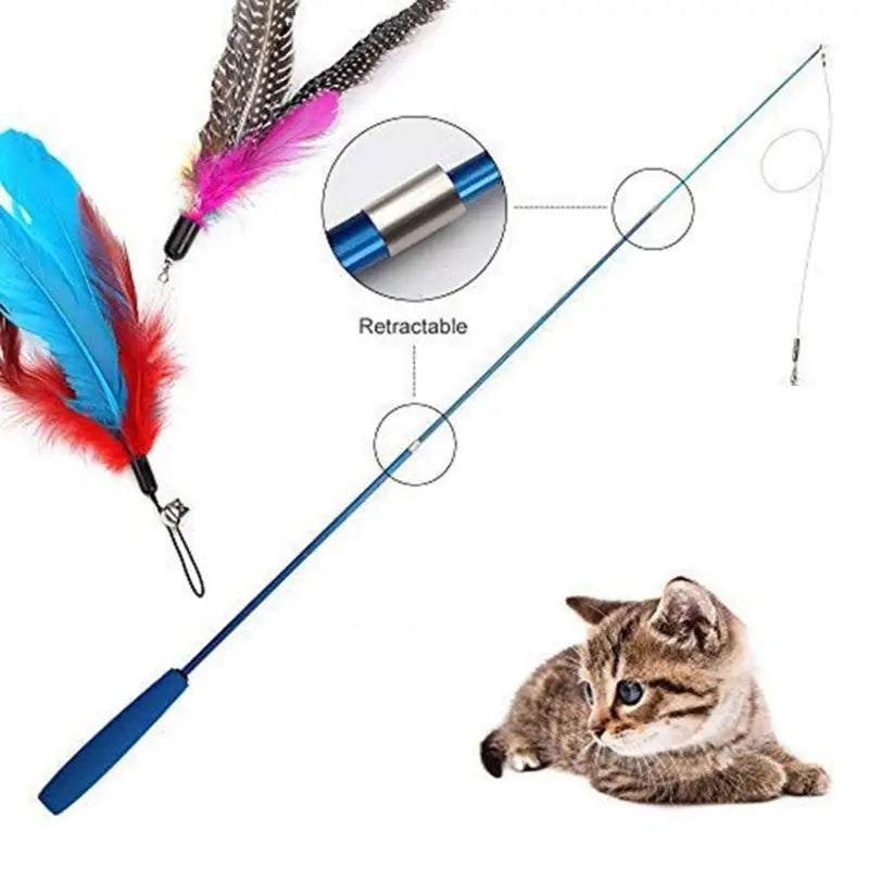 Interactive Cat Feather Toy Feather Teaser Stick Wand Pet Retractable Feather Bell Refill Replacement Catcher Product for Kitten