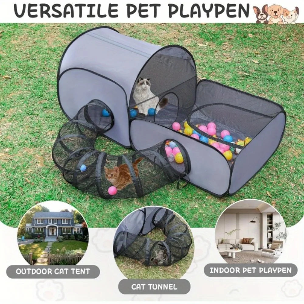 Foldable Cat Tent with Tunnel, Breathable Polyester Cat Cage Indoor Outdoor Playpen for Cats & Small Dogs