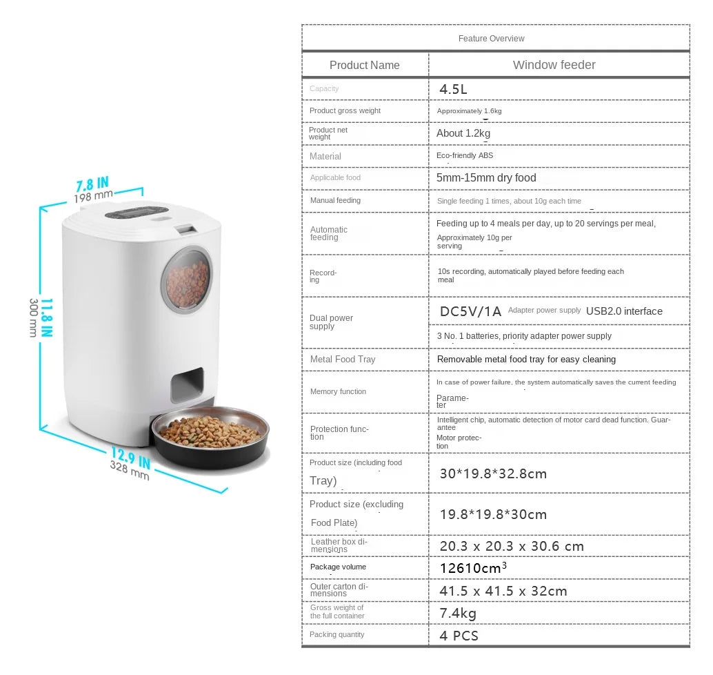 Distributeur intelligent grande capacité avec minuterie, portions programmées et enregistreur vocal