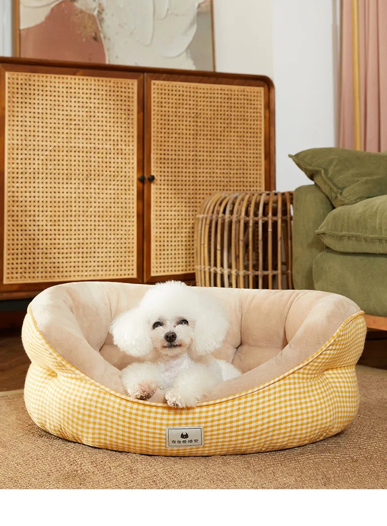 Lit canapé rond en peluche apaisant pour petits et moyens chiens et chats — hiver