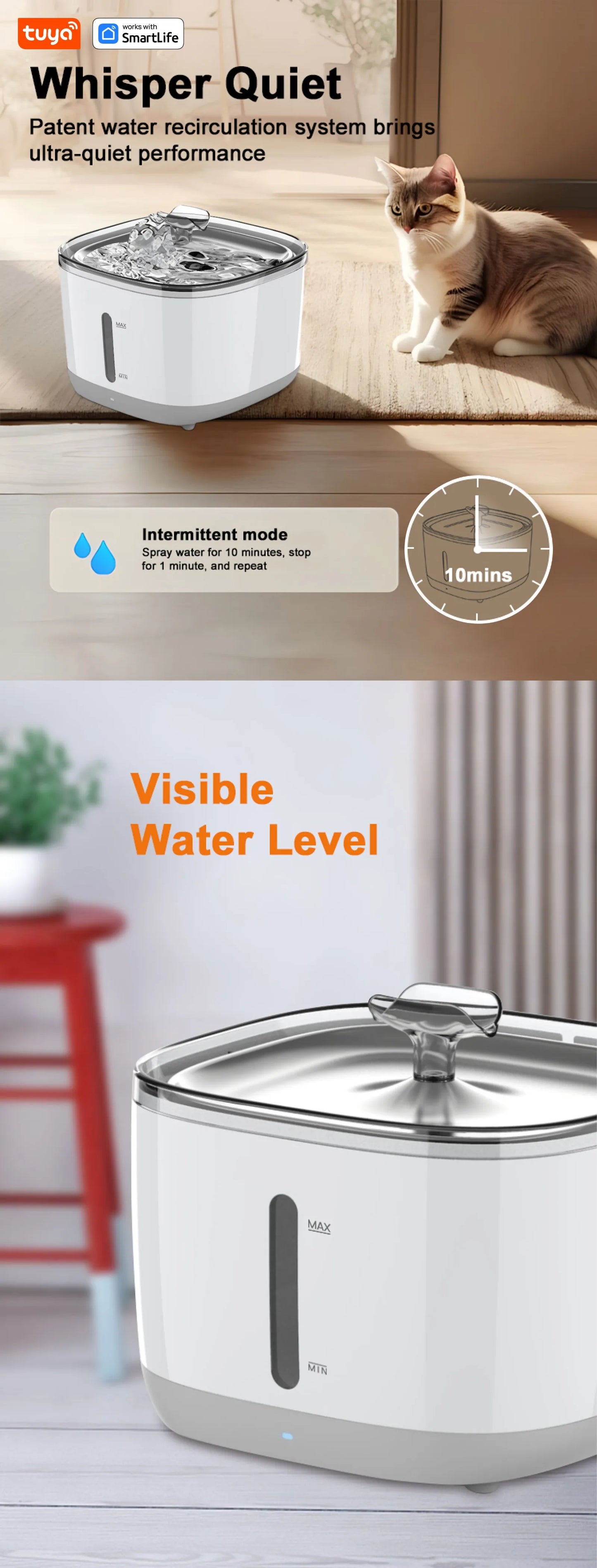 Cat Water Fountain, 2.5L/84oz Tuya Smart App Pet Water Fountain,Automatic Water Dispenser for Cats Inside with SUS304 Bowl