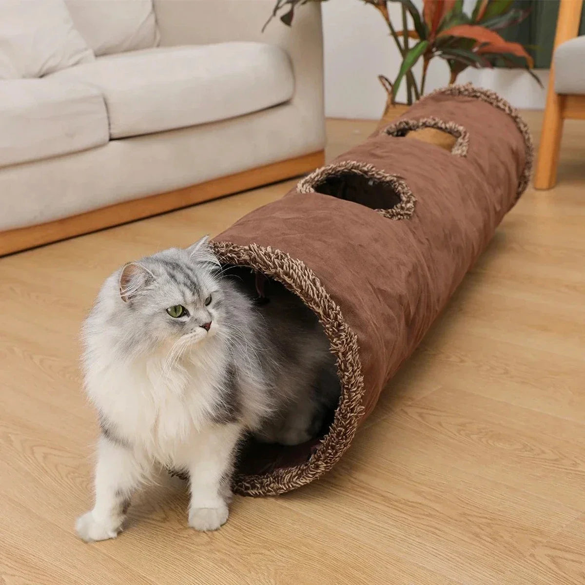 Cat Tunnel Foldable Large Brown Suede Interactive Pet Toy With Peepholes Bubble Ball Indoor Outdoor Collapsible Hot New